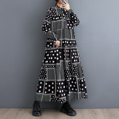 【ワンピース】秋新作 韓国風 長袖ワンピース レディース ゆったり 大きいサイズ 細見え プリント切替 ミディ丈【SHシリーズ】