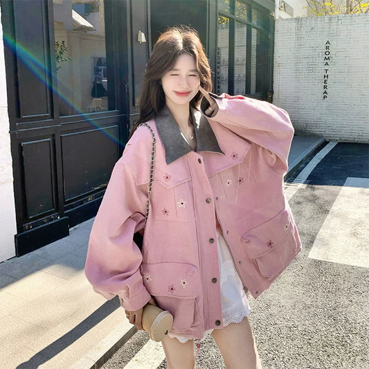 【アウター】韓国系 刺繍 スイートクール 若見え 配色 ジャケット【JZシリーズ】