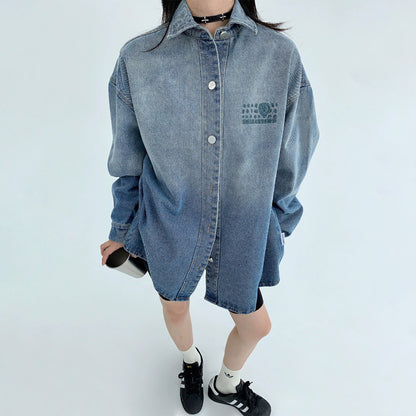 【トップス】春秋 アメリカンスタイル ヴィンテージ加工 グラデーション 刺繍 デニムシャツジャケット【FCシリーズ】