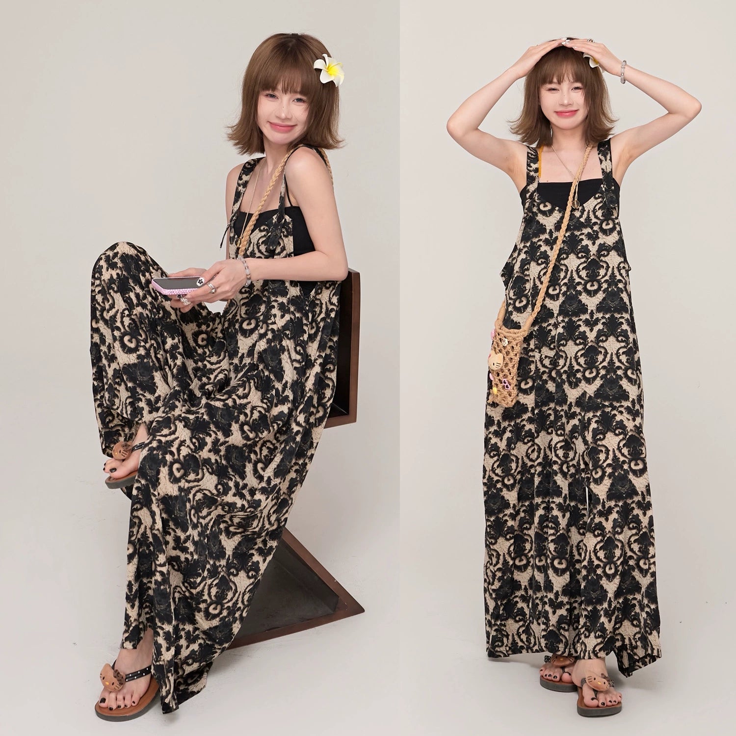 ボトムス】ゆったりルーズ感 Vネックサロペット 夏新作 エンボス