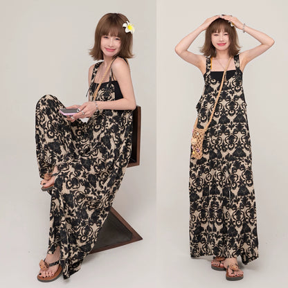 【ボトムス】ゆったりルーズ感 Vネックサロペット 夏新作 エンボスジャガード ワイドパンツオールインワン【SHシリーズ】