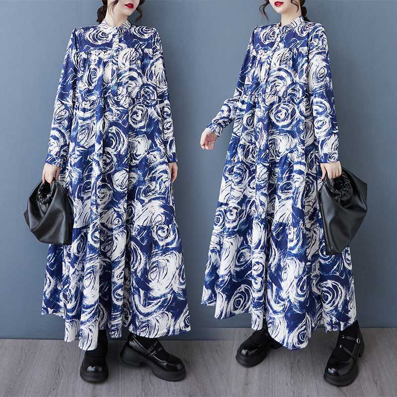 【ワンピース】韓国風 春秋新作 ゆったり大きめサイズ 体型カバー 花柄長袖ミディアムワンピース【SHシリーズ】