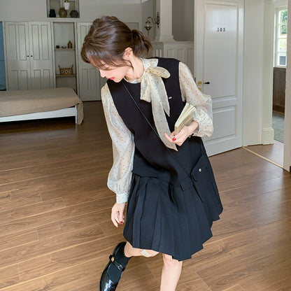 【セットアップ】レトロ レディース 新作 ドット柄シャツ＋ベストワンピース 2点セット【JZシリーズ】