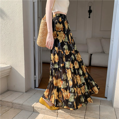 【ボトムス】切り替え  軽やか プリーツ フレア Aライン ハイウエスト シフォンスカート【SHシリーズ】