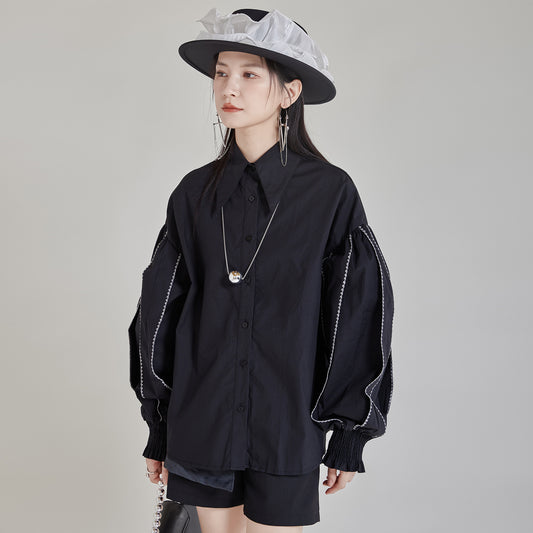 【トップス】春 秋 ランタン袖 配色 切り替え シャツ 【AHシリーズ】