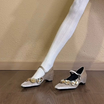 【シューズ】スパンコール フラワー ストラップ メリージェン シューズ パンプス【JZシリーズ】