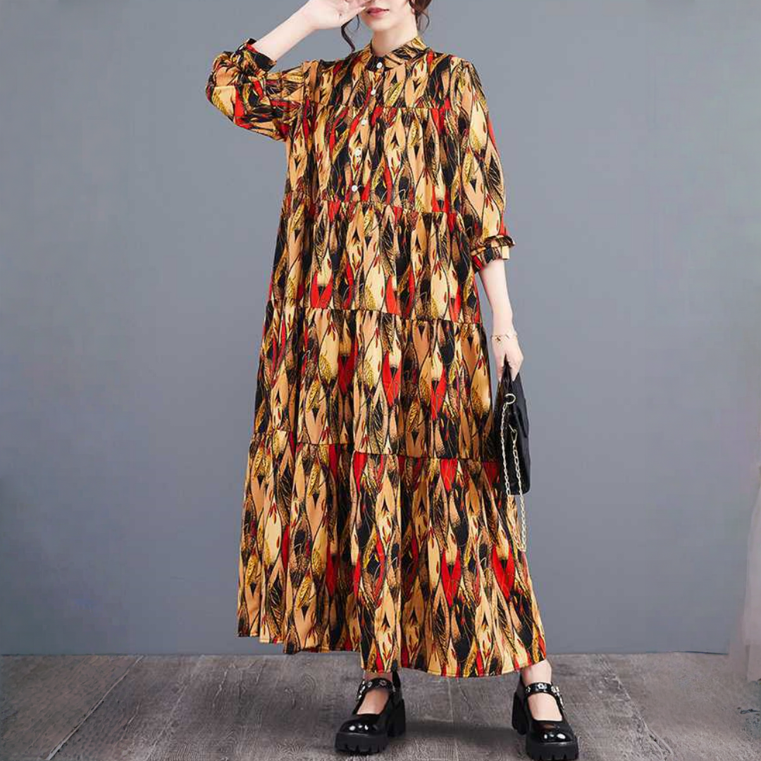 【ワンピース】春 秋 冬 大きいサイズ おしゃれ プリント 切り替え ティアードスカート【SHシリーズ】