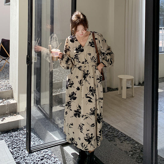 【ワンピース】フレンチヴィンテージ風  小花柄 長袖ワンピース ウエストマークで美シルエット ロング丈ドレス【SHシリーズ】