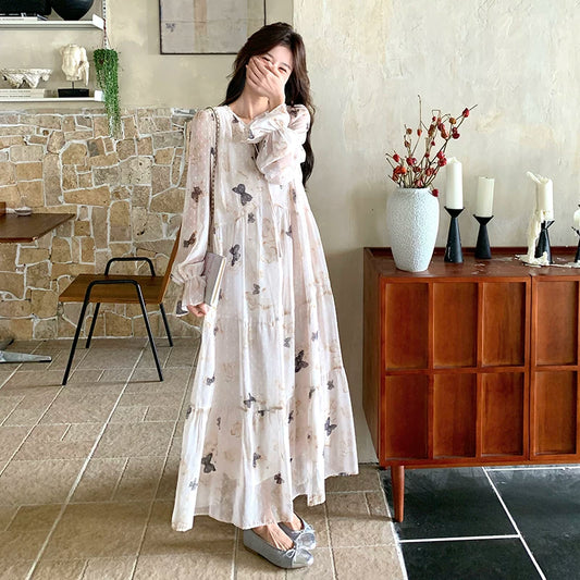 【ワンピース】フレンチロマン 蝶々柄ワンピース レディース 2026春新作 ロング丈 ゆったり 体型カバー リゾート 海辺 旅行長袖ワンピース【SHシリーズ】