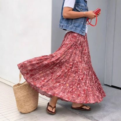 【ボトムス】リゾート風 花柄 スカート レディース 夏 ロングスカート ハイウエスト フレア プリーツ ゆったり【SHシリーズ】