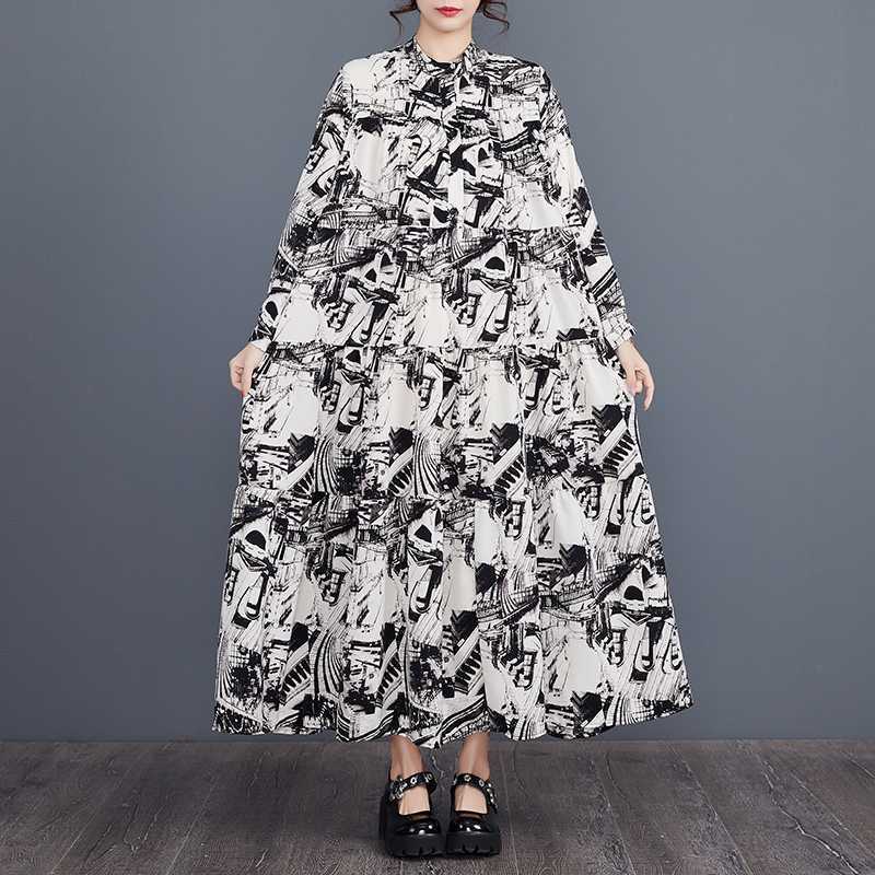 【ワンピース】春新作 大きいサイズ プリント 切替 ティアード長袖ワンピース ゆったり トレンド 花柄【SHシリーズ】