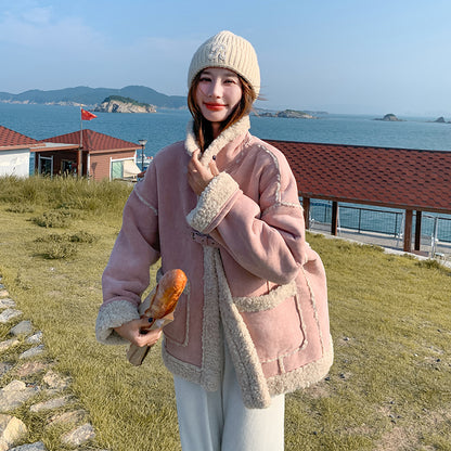 【アウター】冬新作 レディース ピンク スエード ボアコート フェイクムートン 厚手 あったか おしゃれ【JZシリーズ】