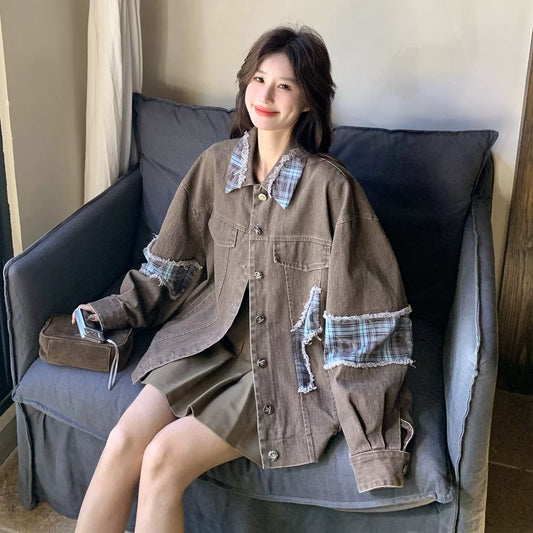 【アウター】デザイン感抜群 アメリカンスタイル ワイドシルエット チェック切替 ワーク風 デニムジャケット レディース 春新作 小柄向け カジュアル 若見え【JZシリーズ】