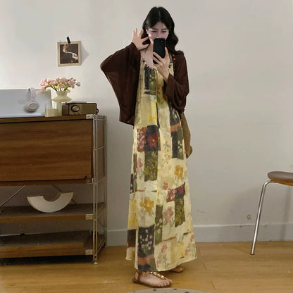 【セットアップ】【単品注文】フレンチレトロ 幾何柄キャミワンピース＆カーディガン セット レディース 大きいサイズ 体型カバー 着痩せ Aライン 夏【SHシリーズ】