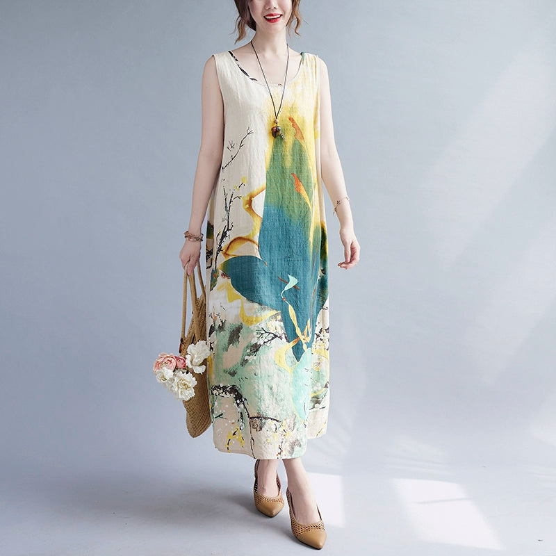 【ワンピース】夏 大きいサイズ ゆったり コットンリネン ノースリーブ タンクワンピース 上品 デイリー カジュアル【SHシリーズ】