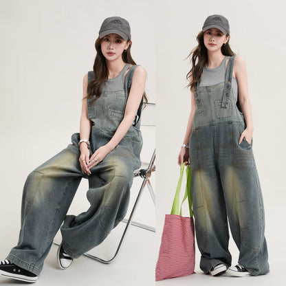 【ボトムス】ヴィンテージデニム サロペット レディース ワイドパンツ ルーズフィット ワークスタイル カジュアル オールインワン【JZシリーズ】