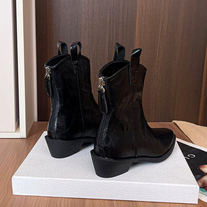 【シューズ】春 秋 冬 ポイントトゥ カウボーイブーツ チャンキーヒール ショートブーツ 【JZシリーズ】