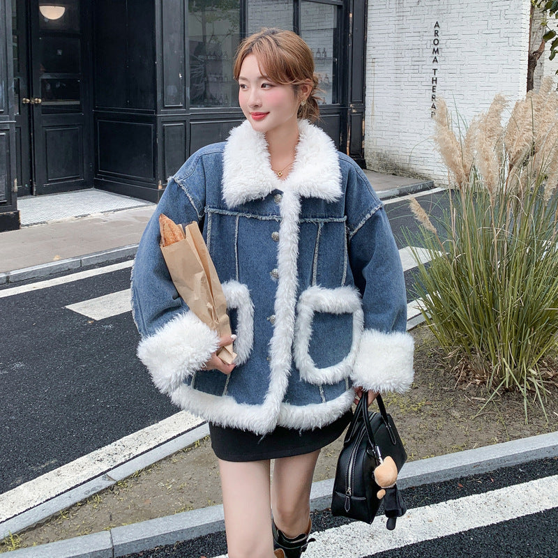 【アウター】ヴィンテージ風 ボア×ブルーデニムジャケット 2025冬 厚手 保温 中綿コート レディース おしゃれ【JZシリーズ】