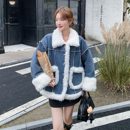 【アウター】ヴィンテージ風 ボア×ブルーデニムジャケット 2025冬 厚手 保温 中綿コート レディース おしゃれ【JZシリーズ】