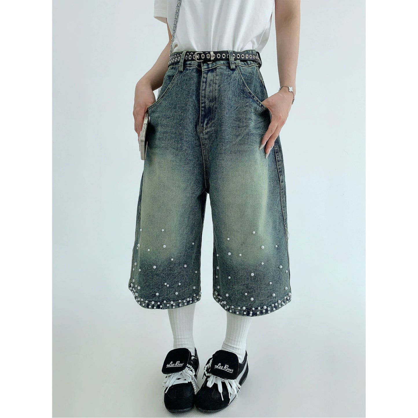 【ボトムス】夏 ヴィンテージ加工 ビジュー付き 七分丈パンツ 【FCシリーズ】