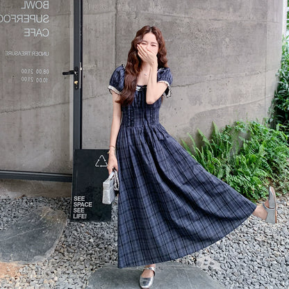 【ワンピース】レトロチェックワンピース レディース 夏 パフスリーブ ノースリーブ ロングワンピース 上品 フレンチ【JZシリーズ】