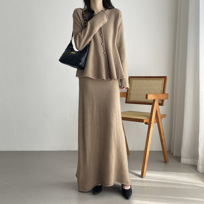 【セットアップ】春 秋 冬 ニットカーディガン + フロア丈 ロングスカート 2点上下セット 【SNシリーズ】