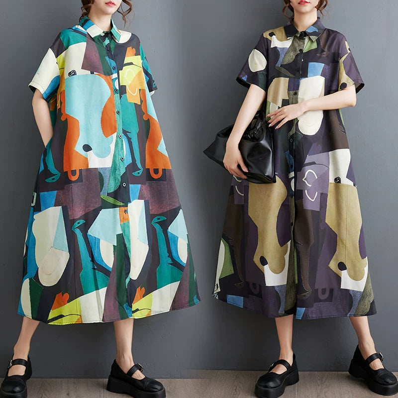 【ワンピース】🌸夏新作 大きいサイズゆったりプリント切替ワンピース 半袖 カジュアル シンプル かわいい フラワーカラー ロング丈 レディース【SHシリーズ】