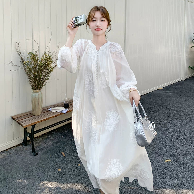 【ワンピース】ホワイト刺繍ワンピ レディース 高級感 レースディテール ロング丈 夏のリゾートドレス【JZシリーズ】