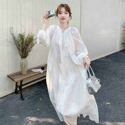 【ワンピース】ホワイト刺繍ワンピ レディース 高級感 レースディテール ロング丈 夏のリゾートドレス【JZシリーズ】