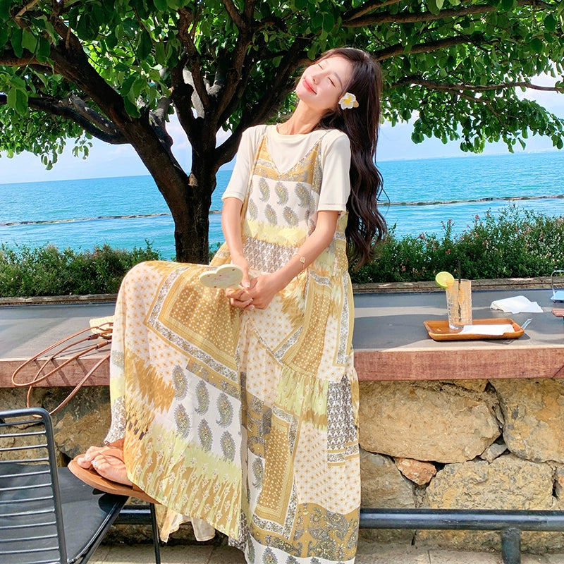 2点セット！【セットアップ】優しげリゾート風 夏新作 Tシャツ＋花柄 ノースリーブワンピースセット【SHシリーズ】