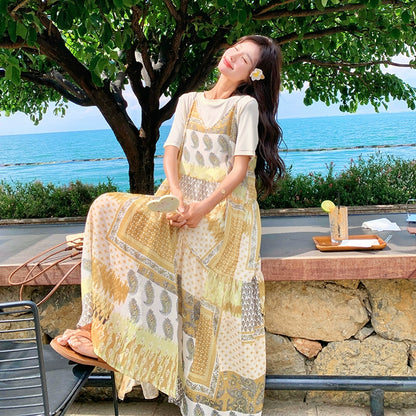 2点セット！【セットアップ】優しげリゾート風 夏新作 Tシャツ＋花柄 ノースリーブワンピースセット【SHシリーズ】