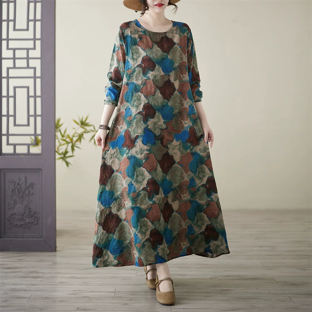 【ワンピース】大きいサイズ レディース 長袖 ワンピース リゾート風 ビーチドレス ボヘミアンスタイル ロングワンピース【SHシリーズ】