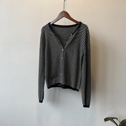 【トップス】バイカラーストライプが映える！韓国風薄手ニットカーディガン｜体型カバーも叶う秋トップス【JZシリーズ】