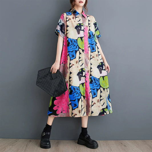 期間限定⭐60%OFF【ワンピース】レディース 大きいサイズ ワンピース プリント 2026夏 半袖 膝下 チュニック ゆったり 快適 痩せ見え 総柄 楽ちん 外出 部屋着 韓国風 カジュアル【SHシリーズ】