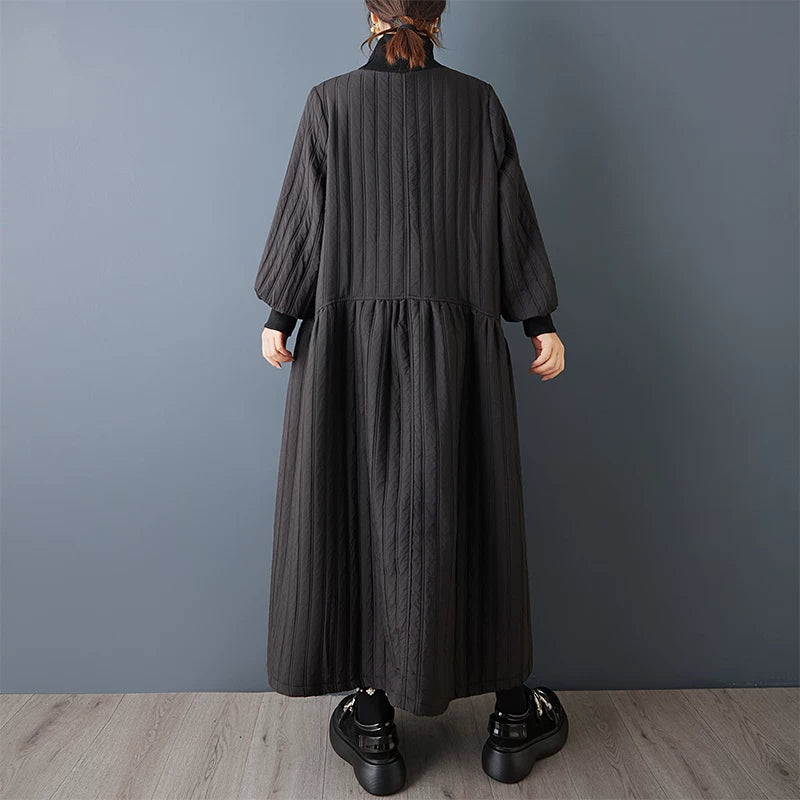 【ワンピース】インポート風 個性派デザイン ハイネック ダークモード 長袖ワンピース ゆったり Aライン レイジーカジュアル ロングドレス【AHシリーズ】