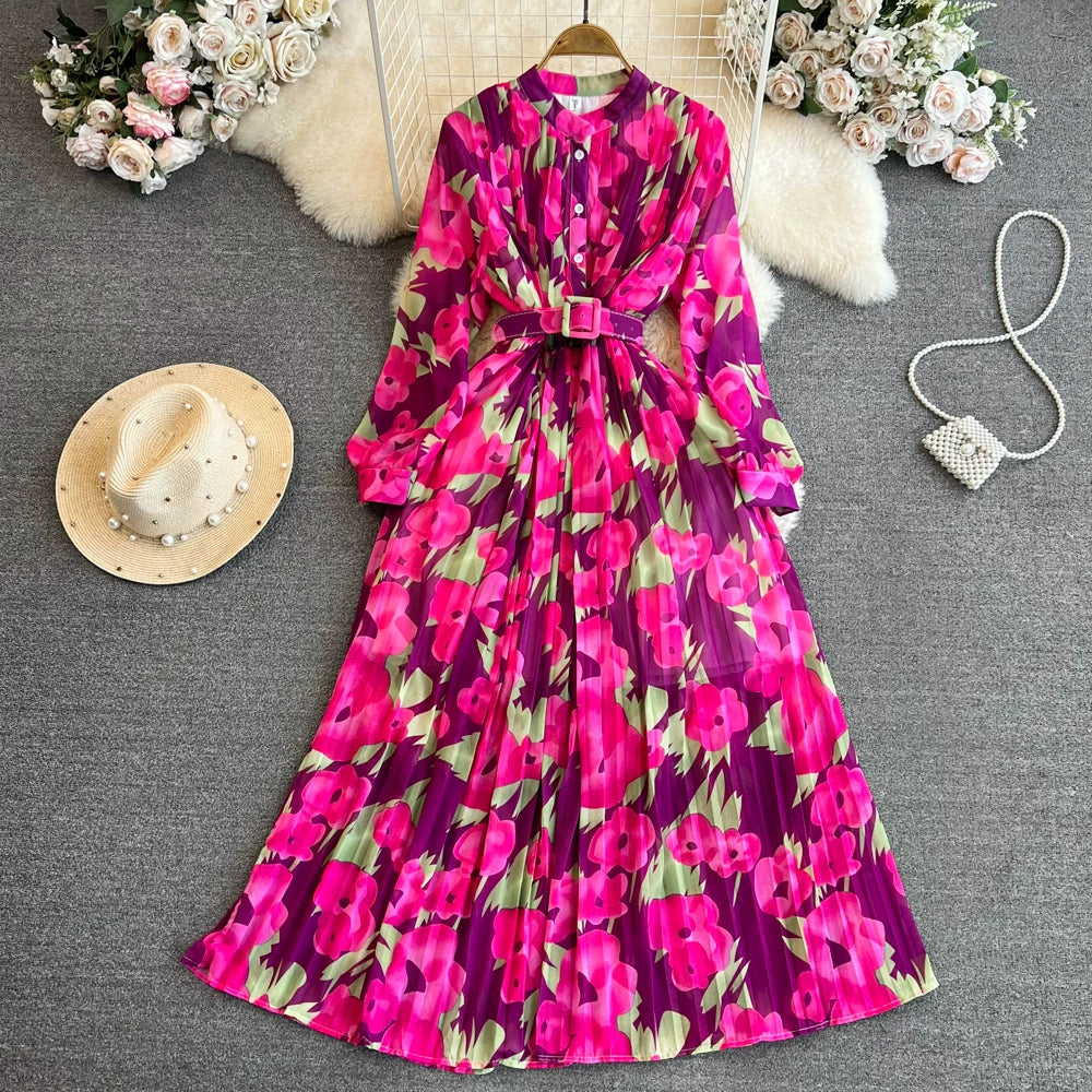 期間限定⭐60%OFF【ワンピース】美人見え確定✨ クラシック 花柄 プリーツ 長袖ワンピース｜高見え立襟＆ウエストマークで細見え【SHシリーズ】