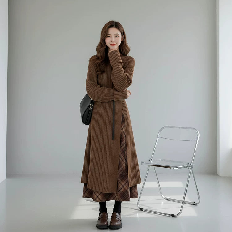 【セットアップ】メラード風 春 秋 冬 ニット ワンピース + ベルト + チェック柄  スカート 3点 ワンピースセット 【JZシリーズ】
