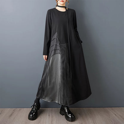 【ワンピース】ゆったり ダークモード デザインワンピース チュール 重ね切替 長袖ワンピース レディース モード系 雰囲気 ロングドレス【AHシリーズ】