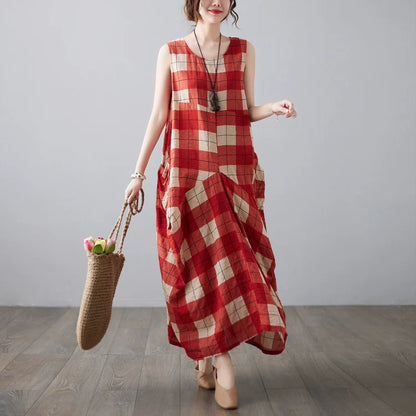 【ワンピース】レトロ風 ノースリーブ チェックワンピース レディース 夏 ロング丈 ゆったりシルエット ナチュラル【JZシリーズ】