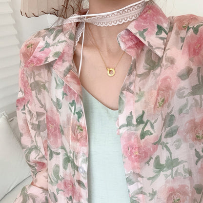 【アウター】UVカット フラワーシャツアウター 春夏 韓国風 ゆったり バックスリットデザイン【SHシリーズ】