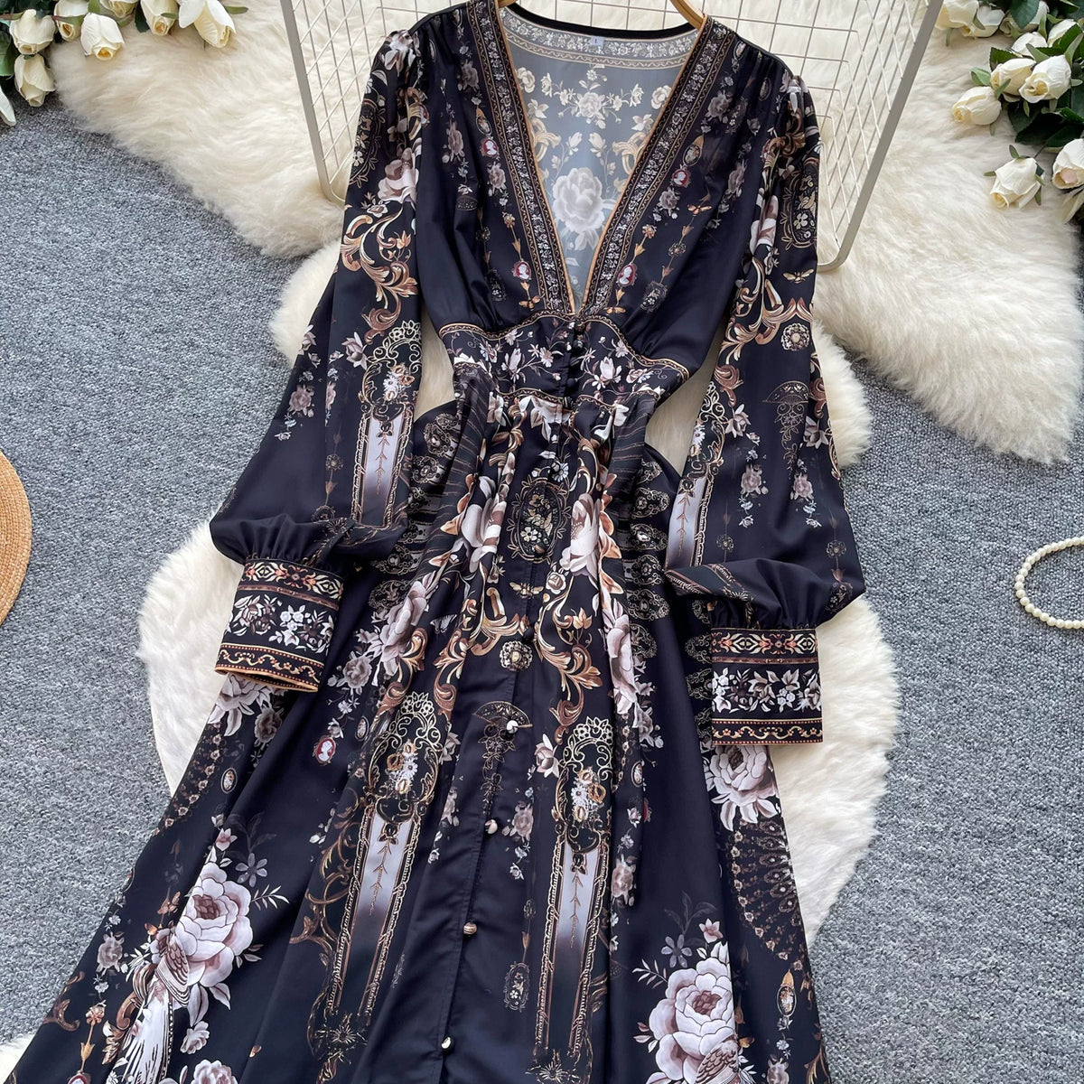【ワンピース】クラシカル花柄ロングワンピース レディース 秋新作 Vネック 長袖 ウエストマーク フレンチ風【SHシリーズ】