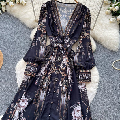 【ワンピース】クラシカル花柄ロングワンピース レディース 秋新作 Vネック 長袖 ウエストマーク フレンチ風【SHシリーズ】