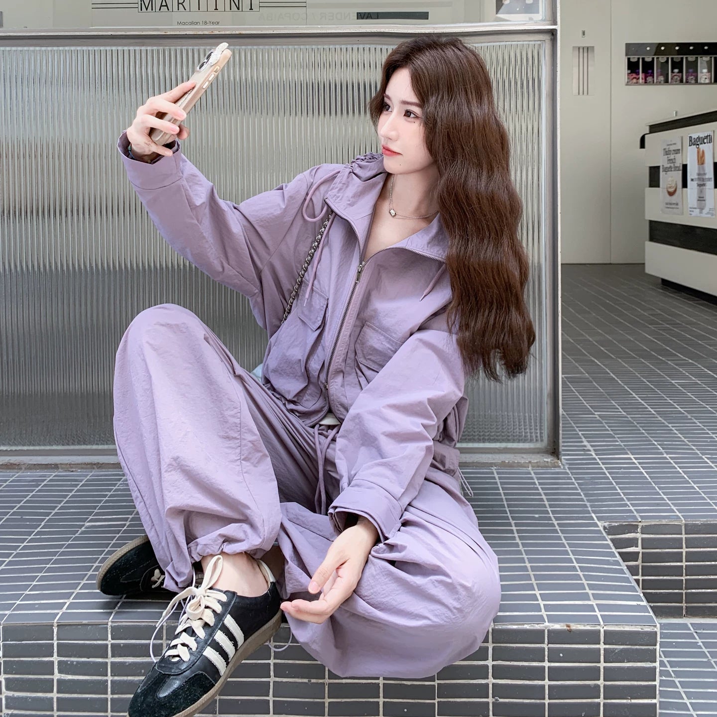 2点セット【セットアップ】大人気 パープル カーゴスタイルジャケット + ワイドパンツ セットアップ 早春秋 【JZシリーズ】