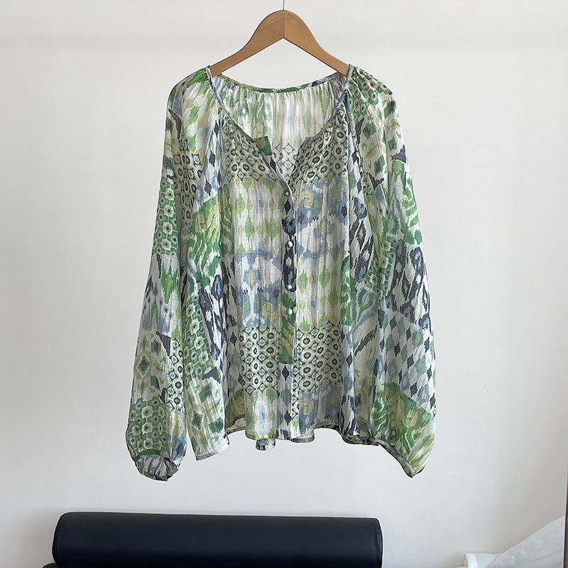 【トップス】真夏の復古 グリーン油絵 ランタン袖 UVカットシャツ【JZシリーズ】【SHシリーズ】