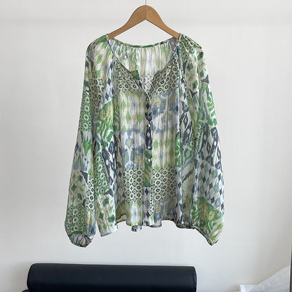 【トップス】真夏の復古 グリーン油絵 ランタン袖 UVカットシャツ【JZシリーズ】【SHシリーズ】