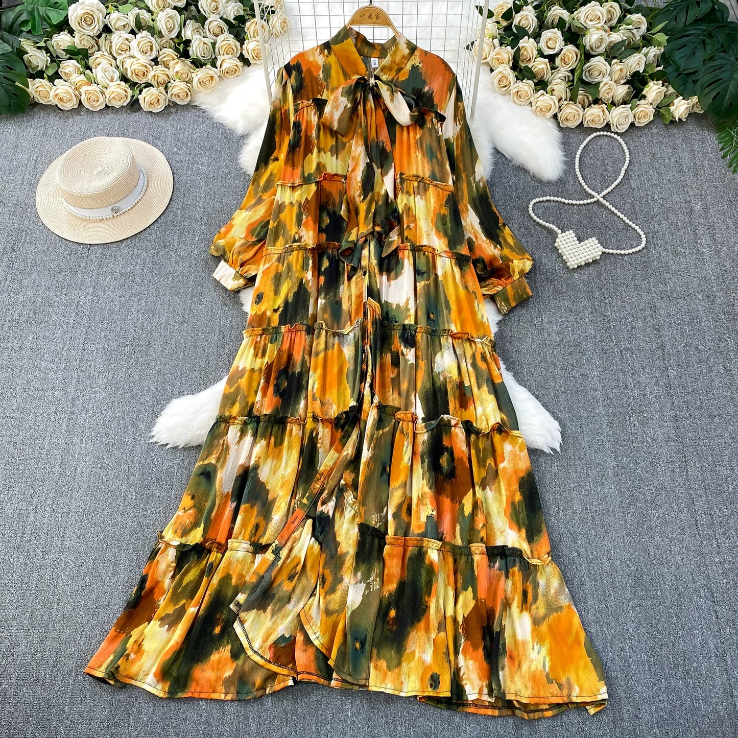 【ワンピース】プリントVネック お腹周りカバー フリル 長袖 ワンピース 【SHシリーズ】