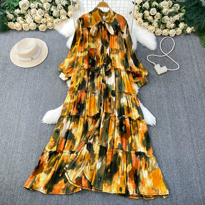 【ワンピース】プリントVネック お腹周りカバー フリル 長袖 ワンピース 【SHシリーズ】