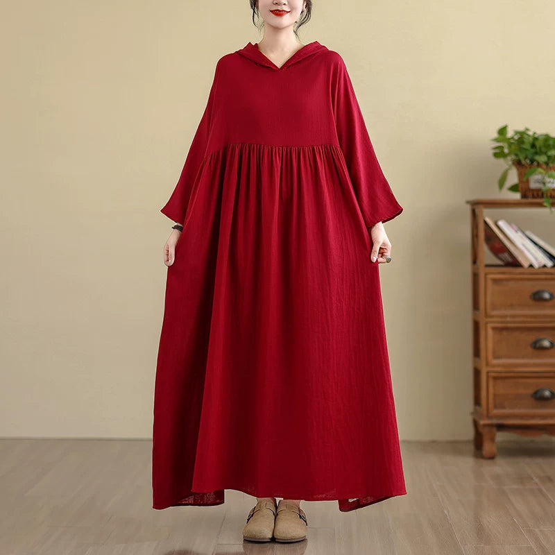 【ワンピース】レトロフェミニン フーディー 長袖ワンピース 無地 上品モード【JZシリーズ】