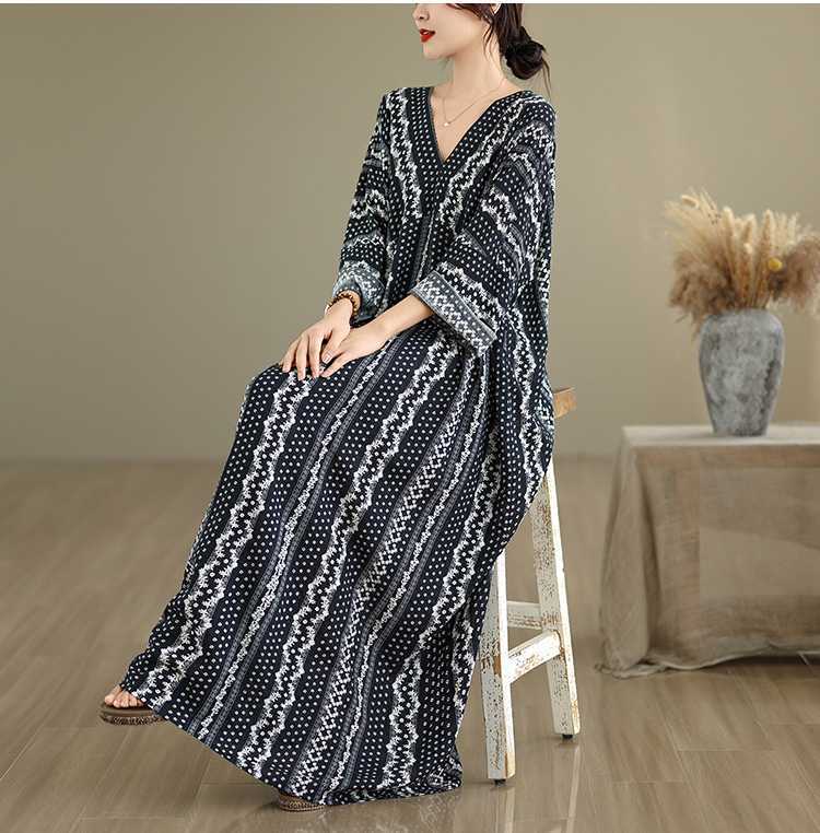 【ワンピース】夏 春 秋 高級感 Vネック コットンリネン プリント 半袖 ワンピース 【SHシリーズ】