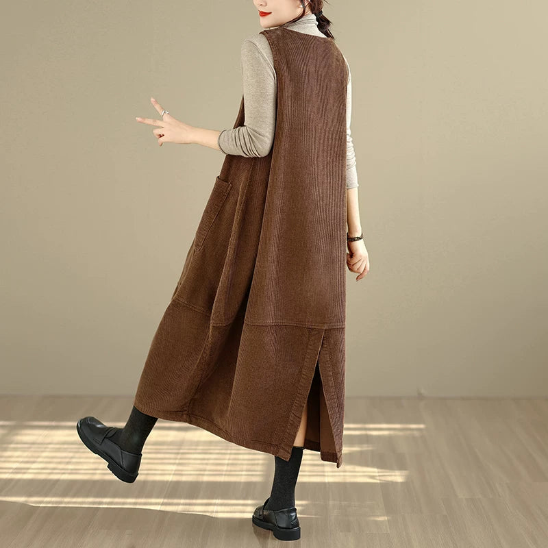 【ワンピース】スクエアネック コーデュロイ 綿100％ ロング丈 ノースリーブワンピース 冬用【AHシリーズ】